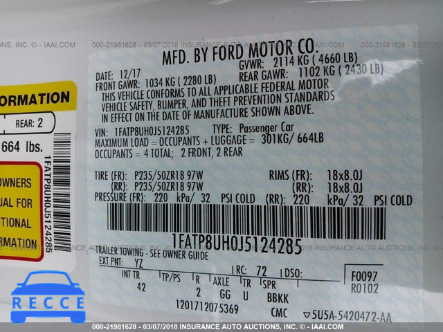 2018 FORD MUSTANG 1FATP8UH0J5124285 image 8