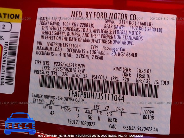 2018 FORD MUSTANG 1FATP8UH1J5111044 image 8