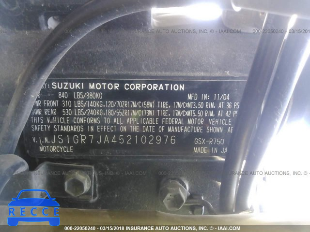 2005 SUZUKI GSX-R750 K JS1GR7JA452102976 image 9
