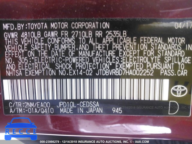 2017 TOYOTA MIRAI JTDBVRBD7HA002252 Bild 8