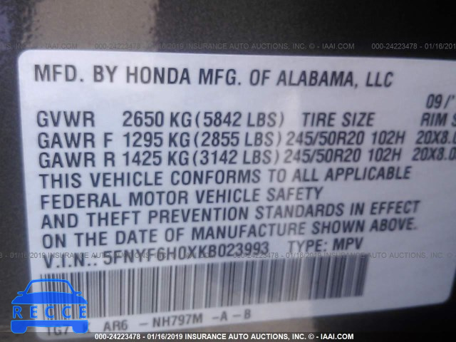 2019 HONDA PILOT ELITE 5FNYF6H0XKB023993 image 8