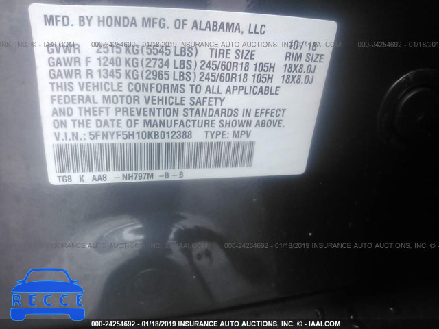 2019 HONDA PILOT LX 5FNYF5H10KB012388 image 8