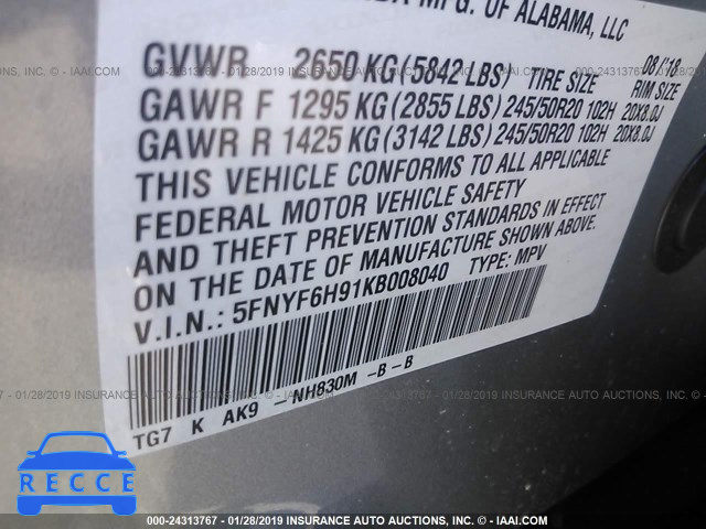 2019 HONDA PILOT TOURING 5FNYF6H91KB008040 image 8