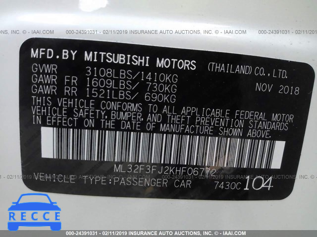 2019 MITSUBISHI MIRAGE G4 ES ML32F3FJ2KHF06772 зображення 8
