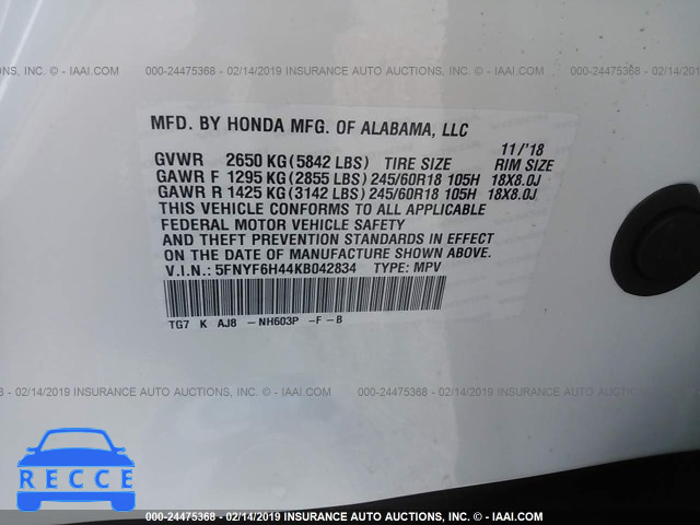 2019 HONDA PILOT EX 5FNYF6H44KB042834 image 8