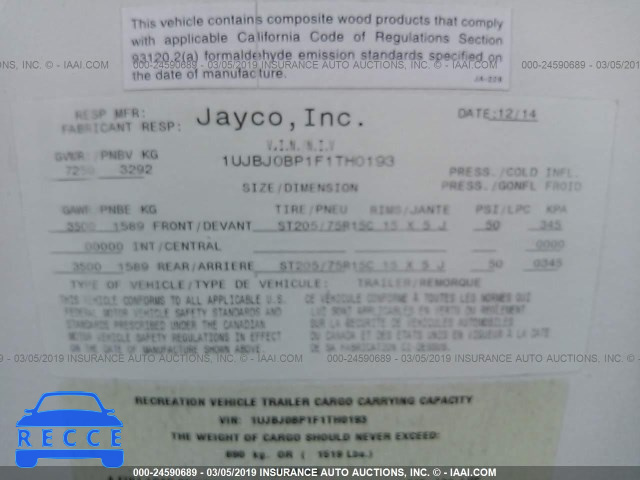 2015 JAYCO OTHER 1UJBJ0BP1F1TH0193 зображення 8