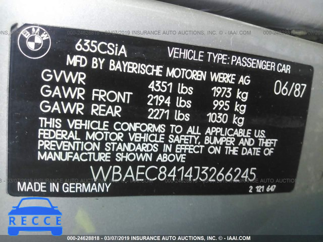 1988 BMW 635 CSI AUTOMATICATIC WBAEC8414J3266245 Bild 8