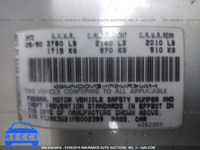 1991 SAAB 900 S YS3AK36E1M5002389 image 8