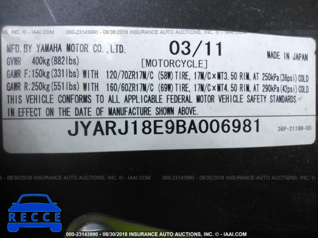 2011 YAMAHA FZ6 R JYARJ18E9BA006981 image 10