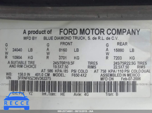 2006 FORD F650 SUPER DUTY 3FRNF65Z36V362275 зображення 8