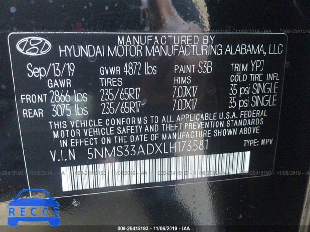 2020 HYUNDAI SANTA FE SEL/SEL PLUS 5NMS33ADXLH173581 image 8