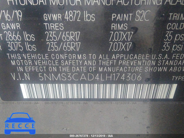 2020 HYUNDAI SANTA FE SEL/SEL PLUS 5NMS3CAD4LH174306 Bild 8
