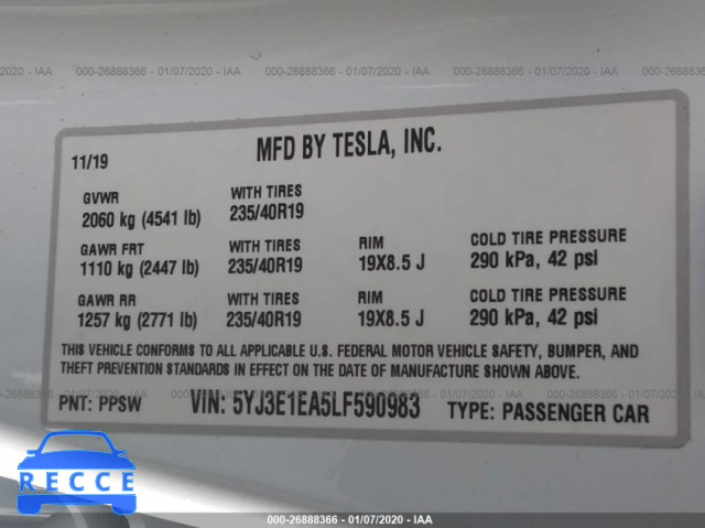 2020 TESLA MODEL 3 5YJ3E1EA5LF590983 image 7