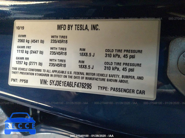 2020 TESLA MODEL 3 5YJ3E1EA6LF476295 image 8