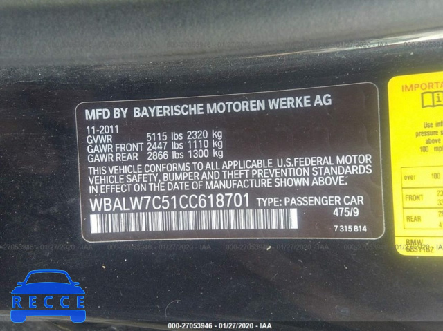 2012 BMW 640 I WBALW7C51CC618701 image 8