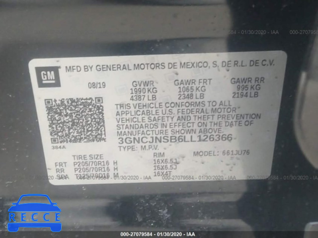 2020 CHEVROLET TRAX LS 3GNCJNSB6LL126366 зображення 8