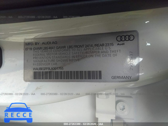 2020 AUDI A3 PREMIUM WAUBEGFF9LA001755 зображення 9