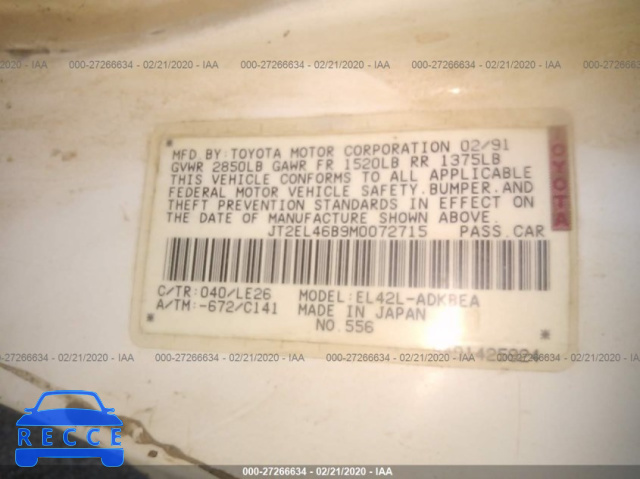 1991 TOYOTA TERCEL STD JT2EL46B9M0072715 зображення 8
