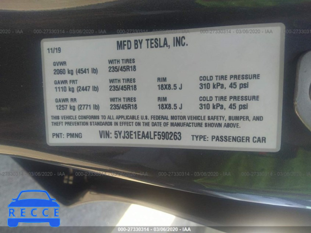 2020 TESLA MODEL 3 5YJ3E1EA4LF590263 image 9