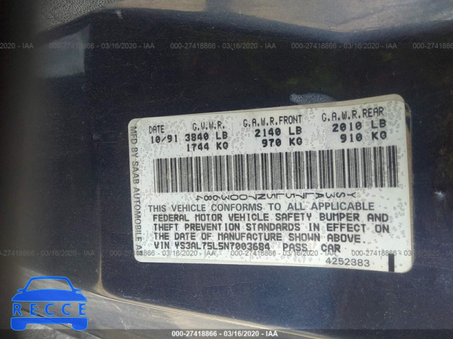 1992 SAAB 900 YS3AL75L5N7003684 image 8