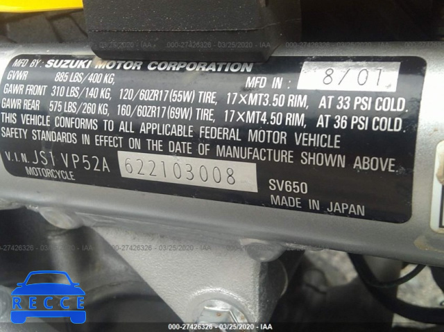 2002 SUZUKI SV650 S JS1VP52A622103008 image 8