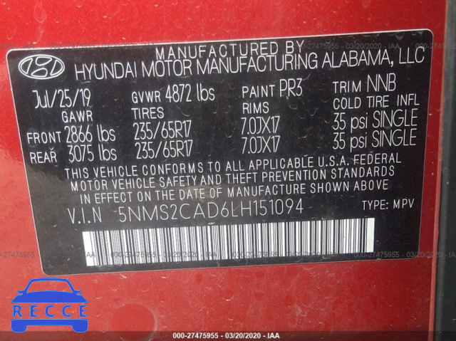 2020 HYUNDAI SANTA FE SE 5NMS2CAD6LH151094 image 7