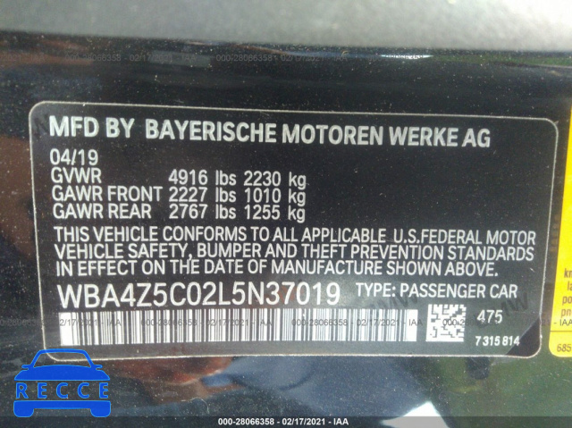 2020 BMW 4 SERIES 440I WBA4Z5C02L5N37019 image 8