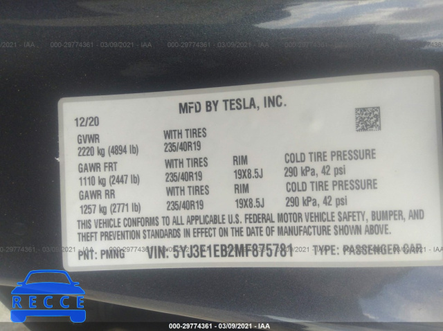 2021 TESLA MODEL 3 LONG RANGE 5YJ3E1EB2MF875781 зображення 8