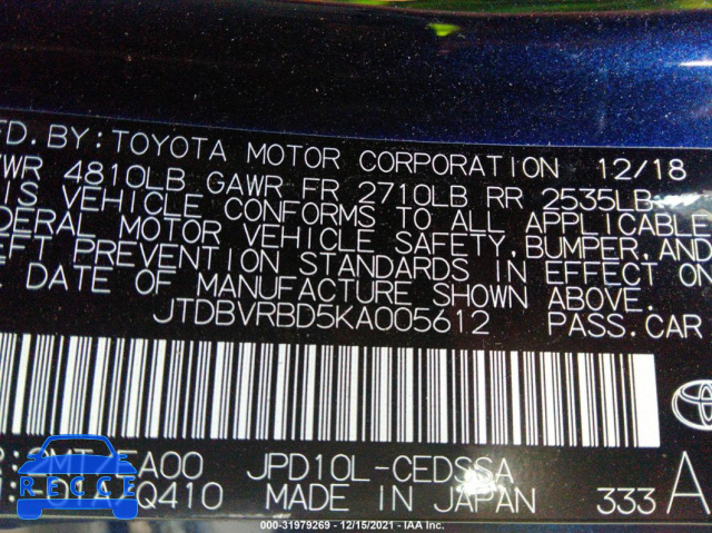 2019 TOYOTA MIRAI JTDBVRBD5KA005612 зображення 8