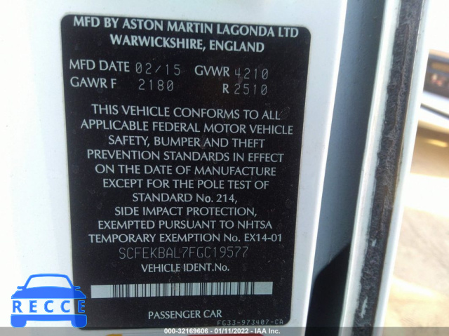 2015 ASTON MARTIN V8 VANTAGE GT SCFEKBAL7FGC19577 зображення 8