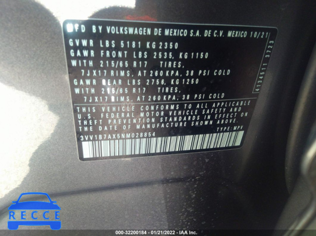 2022 VOLKSWAGEN TIGUAN S 3VV1B7AX5NM028854 image 8