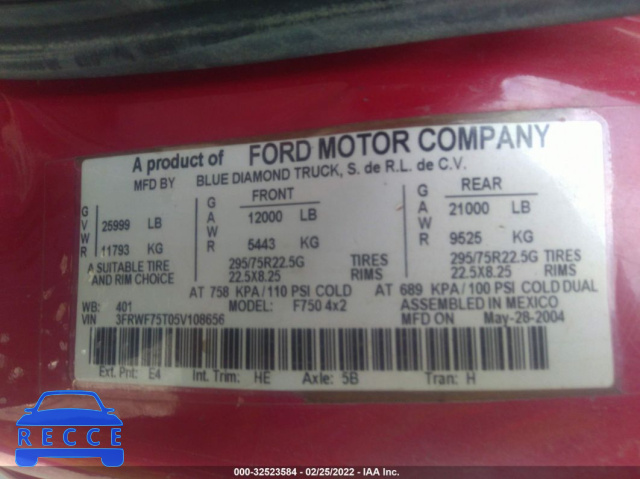 2005 FORD SUPER DUTY F-750 XL/XLT 3FRWF75T05V108656 image 8