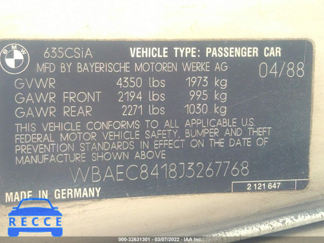 1988 BMW 635 CSI AUTOMATICATIC WBAEC8418J3267768 зображення 8