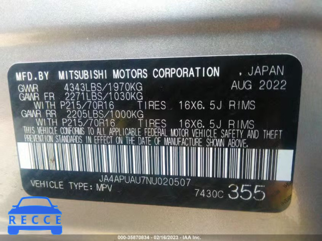 2022 MITSUBISHI OUTLANDER SPORT ES/LE/S/BE JA4APUAU7NU020507 image 8