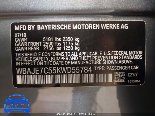 2019 BMW 540I XDRIVE WBAJE7C55KWD55784 зображення 8