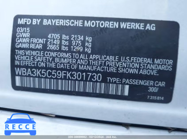 2015 BMW 328D XDRIVE WBA3K5C59FK301730 зображення 8