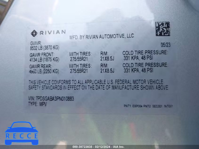 2023 RIVIAN R1S ADVENTURE 7PDSGABA3PN010883 зображення 7