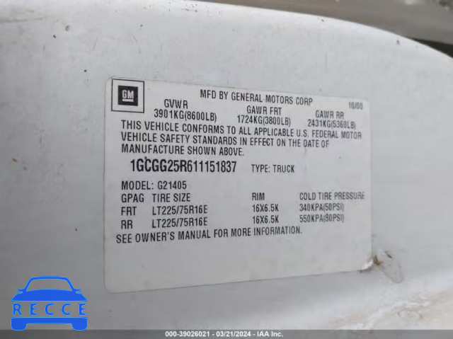 2001 CHEVROLET EXPRESS 1GCGG25R611151837 Bild 8