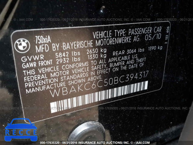 2011 BMW 750 I WBAKC6C50BC394317 зображення 8
