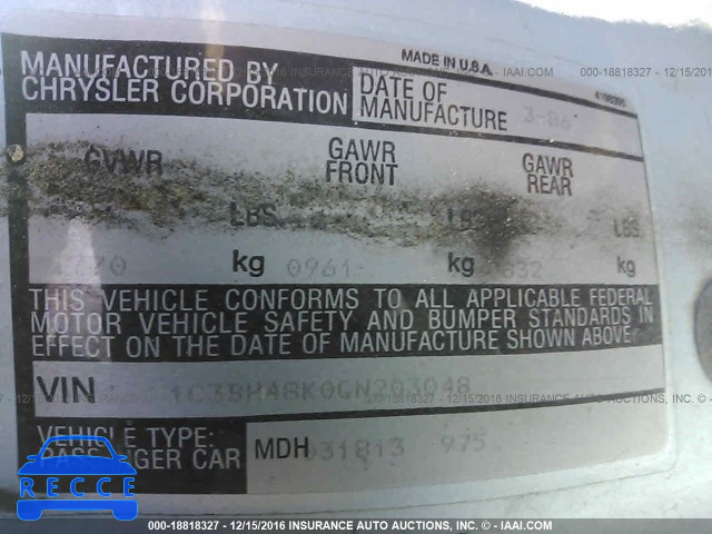 1986 CHRYSLER LEBARON GTS 1C3BH48K0GN203048 image 8