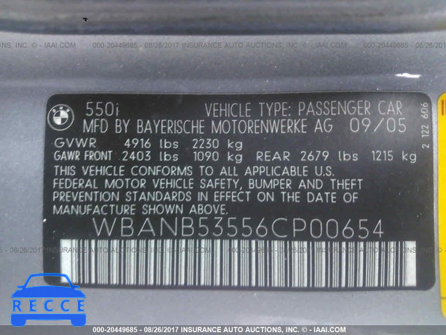 2006 BMW 550 I WBANB53556CP00654 зображення 8