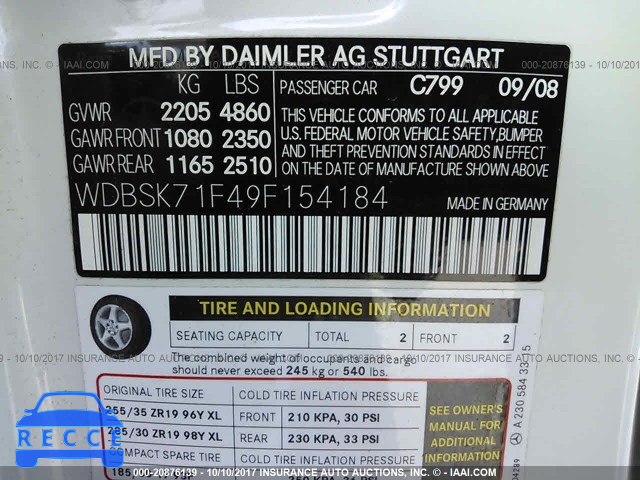 2009 MERCEDES-BENZ SL 550 WDBSK71F49F154184 зображення 8