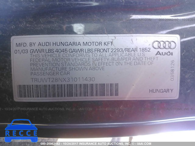 2003 AUDI TT QUATTRO TRUWT28NX31011430 image 8