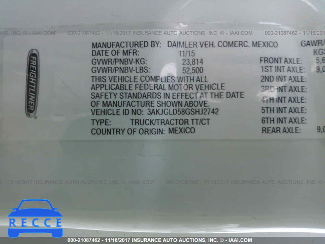 2016 FREIGHTLINER CASCADIA 125 3AKJGLD58GSHJ2742 image 9