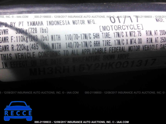 2017 YAMAHA YZFR3 A MH3RH15Y2HK001317 image 9