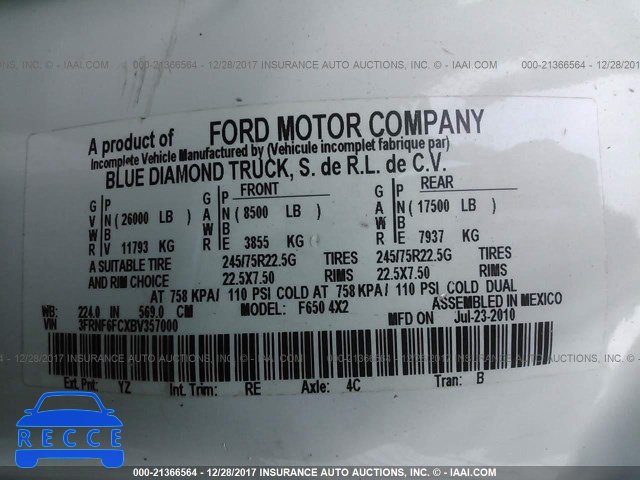 2011 FORD F650 SUPER DUTY 3FRNF6FCXBV357000 зображення 9