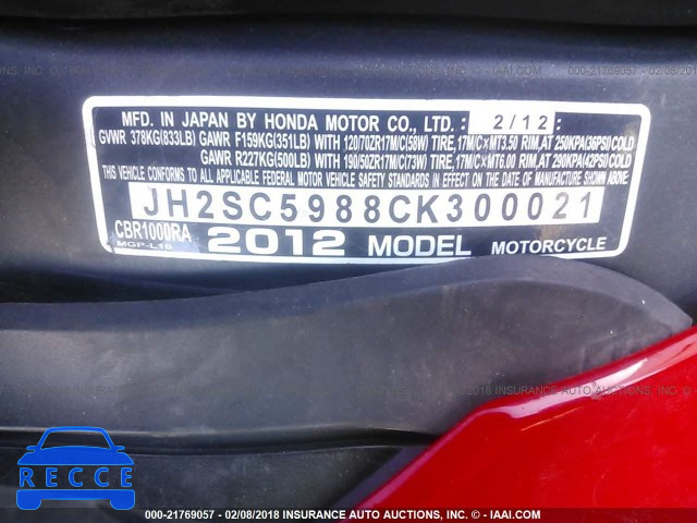 2012 HONDA CBR1000 RR-ABS JH2SC5988CK300021 image 9