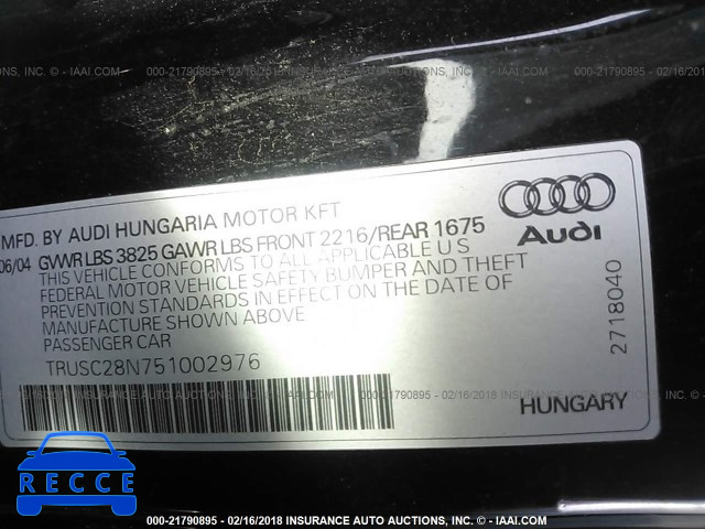 2005 AUDI TT TRUSC28N751002976 зображення 8