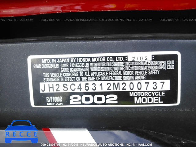 2002 HONDA RVT1000 R JH2SC45312M200737 image 9