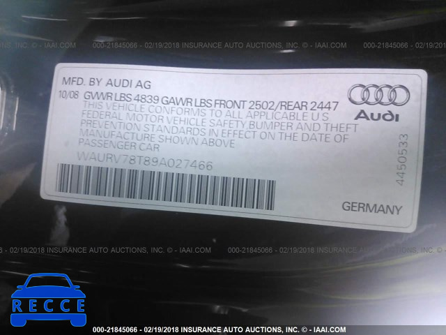 2009 AUDI S5 QUATTRO WAURV78T89A027466 image 8